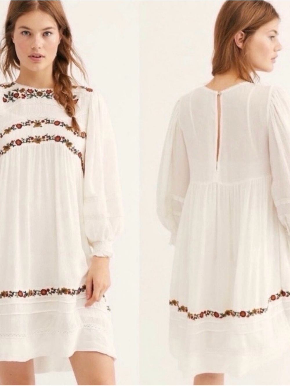 Free People White Embroidered Long-Sleeve Mini Dress
